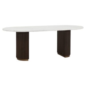 Mayfield dining table Mayfield a white tabletop and dark legs.