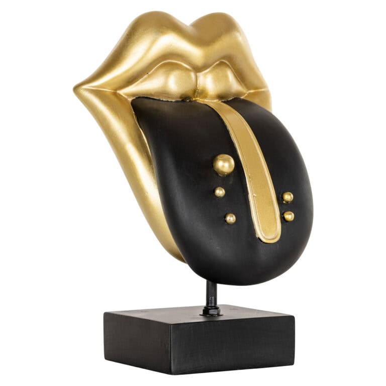 Decoratief object met lippen en tong in zwart en goud, modern design.