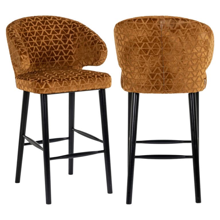 Moderner Barhocker mit geometrischem Muster in Old Gold und schwarzen Beinen.