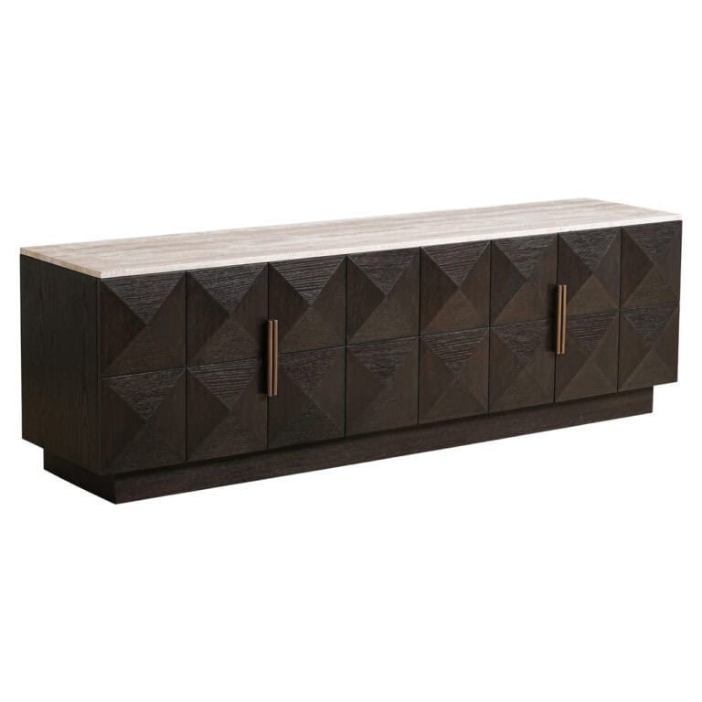Elegantes braunes TV-Möbel mit geometrischem Muster und goldfarbenen Griffen.