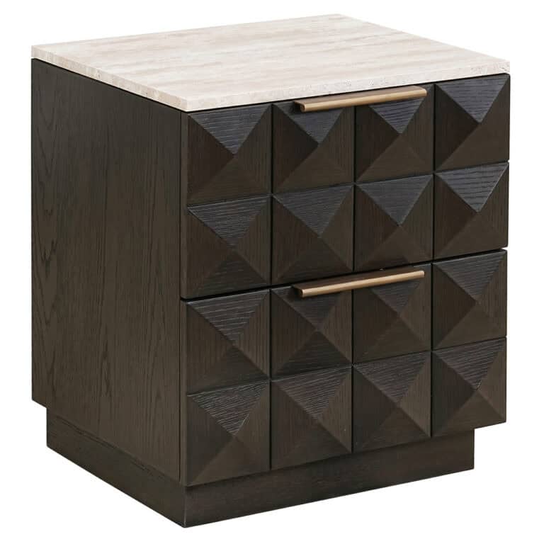 Claremont nachtkastje in bruin met geometrische details.