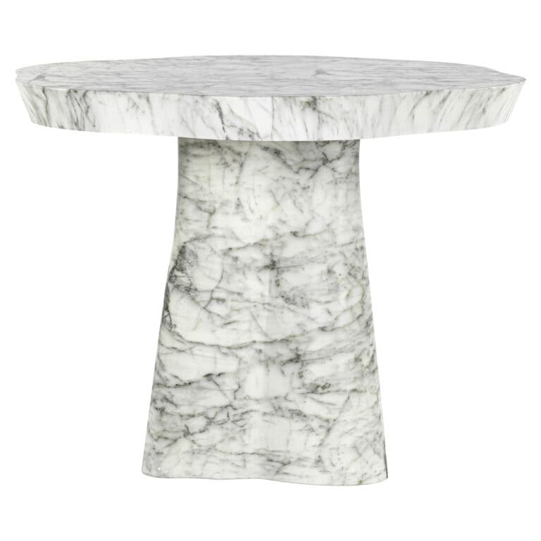 Round white marble dining table with a sturdy base for outdoor use.