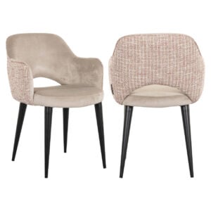 Giovanna , a modern dining chair in pink and khaki velvet with black legs.