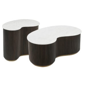 Modern coffee tables with white marble tops and ribbed black bases.