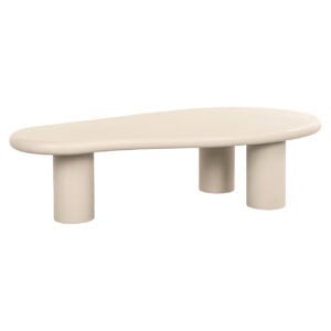 Moderne beige salontafel met ronde vormen en stevige poten.