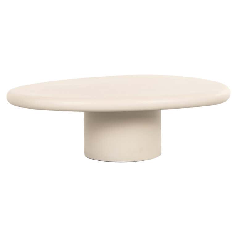 Modern beige coffee table with a round top and cylindrical base.