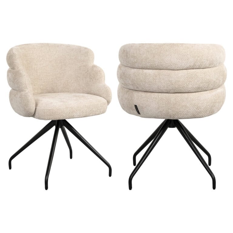 Modern dining chair with beige upholstery and black metal legs.