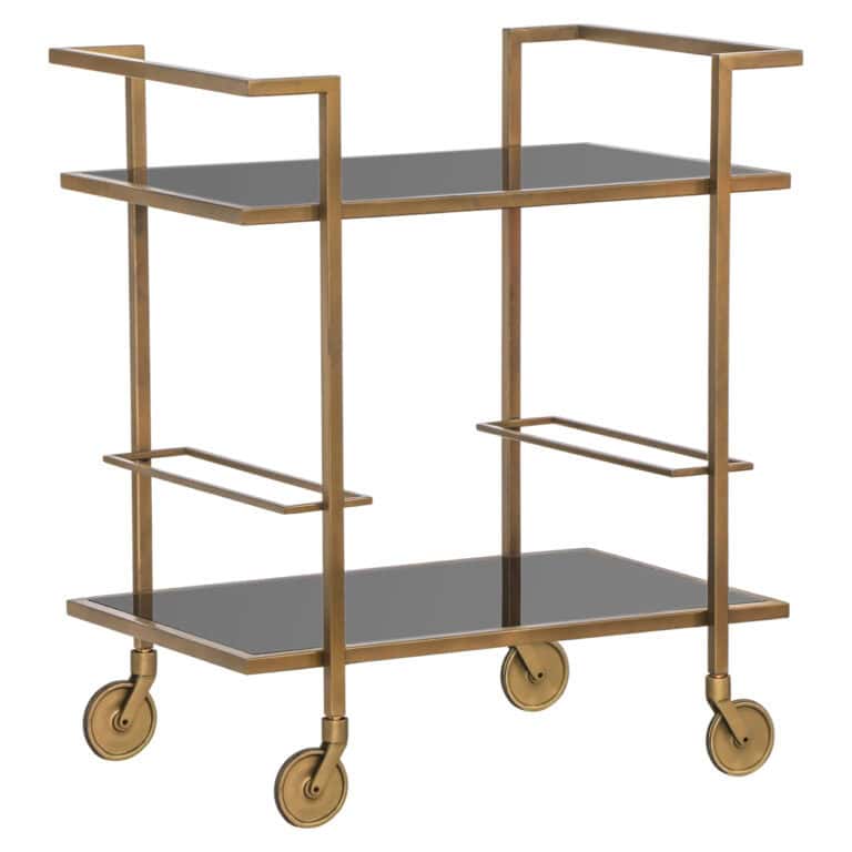 Brushed gold with multiple shelves and wheels for interior decoration.