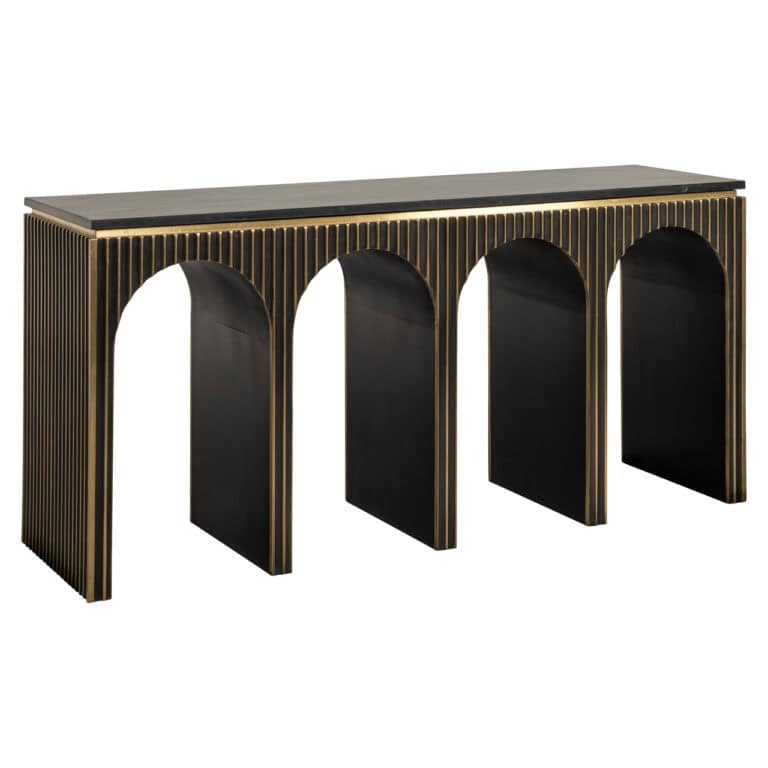 Elegante Konsole mit „ brushed  “gold -Oberfläche und architektonischem Design.