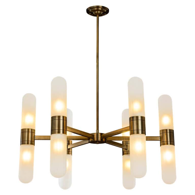 Moderne Tricon hanglamp in brons met witte glasdetails voor elegante verlichting.