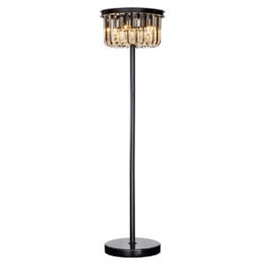 Elegante Stehlampe „ Dagmar “ mit goldfarbenen Details und schwarzer Oberfläche.