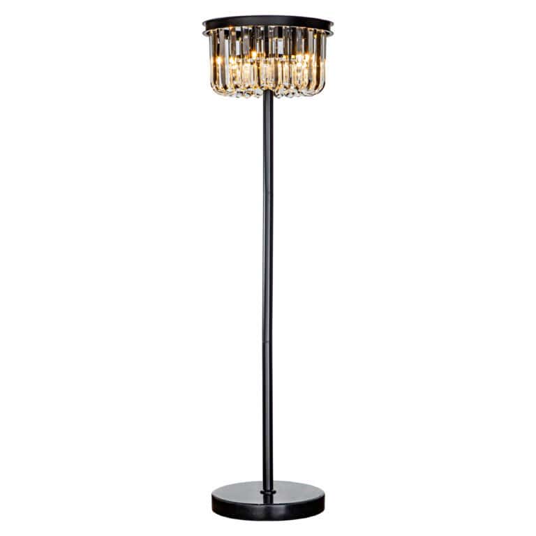Elegante Stehlampe „ Dagmar “ mit goldfarbenen Details und schwarzer Oberfläche.