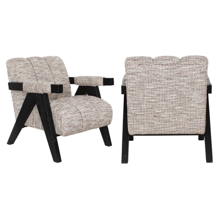 Clover modern lounge chair Clover natural fabric upholstery and a black wooden frame.