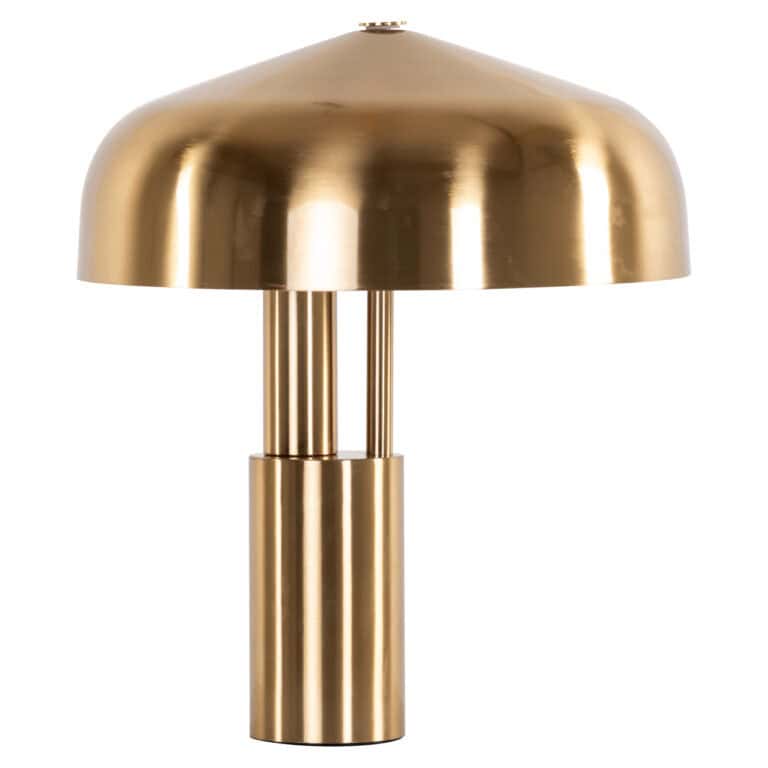 Moderne gouden tafellamp met ronde kap en cilindrische basis.