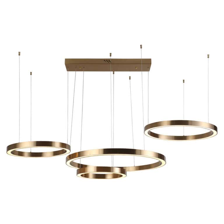 Moderne hanglamp Lilou in brushed goud met drie cirkelvormige ringen.
