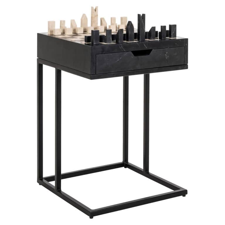 Moderne zwarte bijzettafel met schaakbordontwerp en lade.