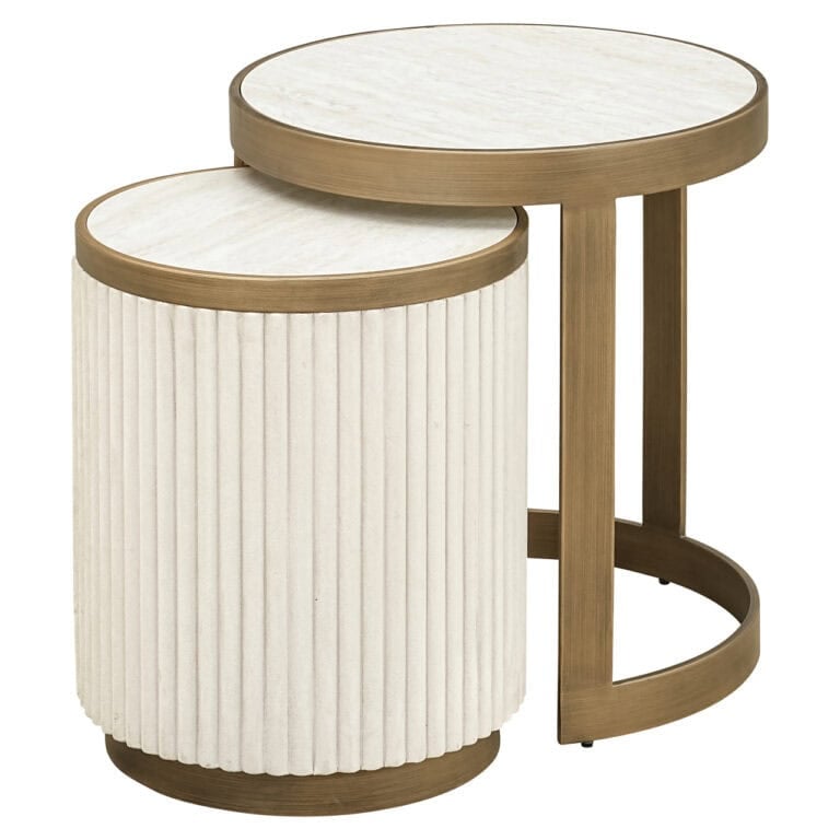 Set of two " Tivoli " side tables in white and wood-tone, modern design.