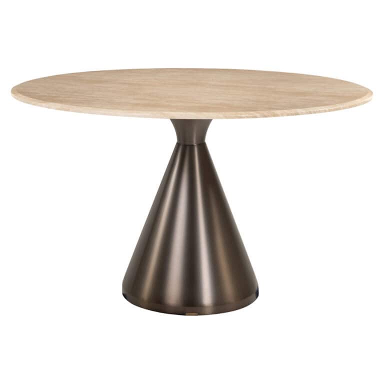 Modern round dining table with a beige wooden top and metal base.