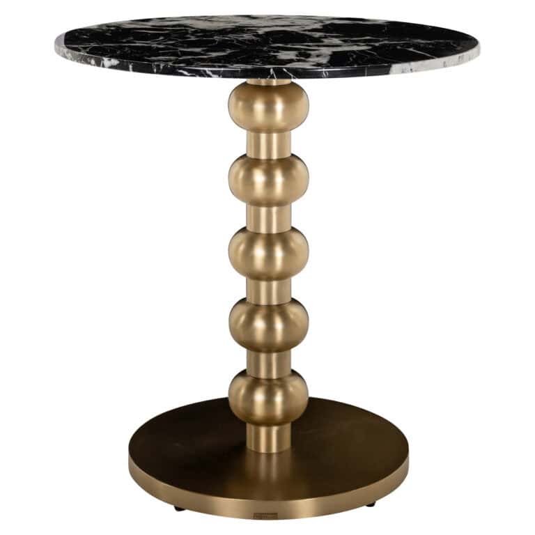 Modern bistro table with a black marble top and a gold-colored base.