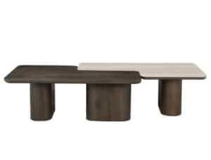 Modernes Nando-Couchtisch-Set aus dunklem und hellem Holz.