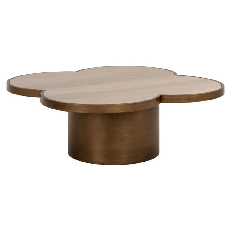Moderne beige salontafel met bloemvormig ontwerp en ronde basis.