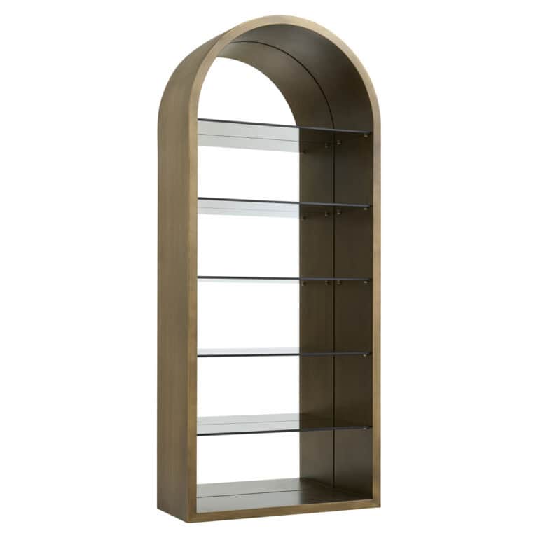 Elegante wandkast Bowic met glazen planken en brushed gold afwerking.