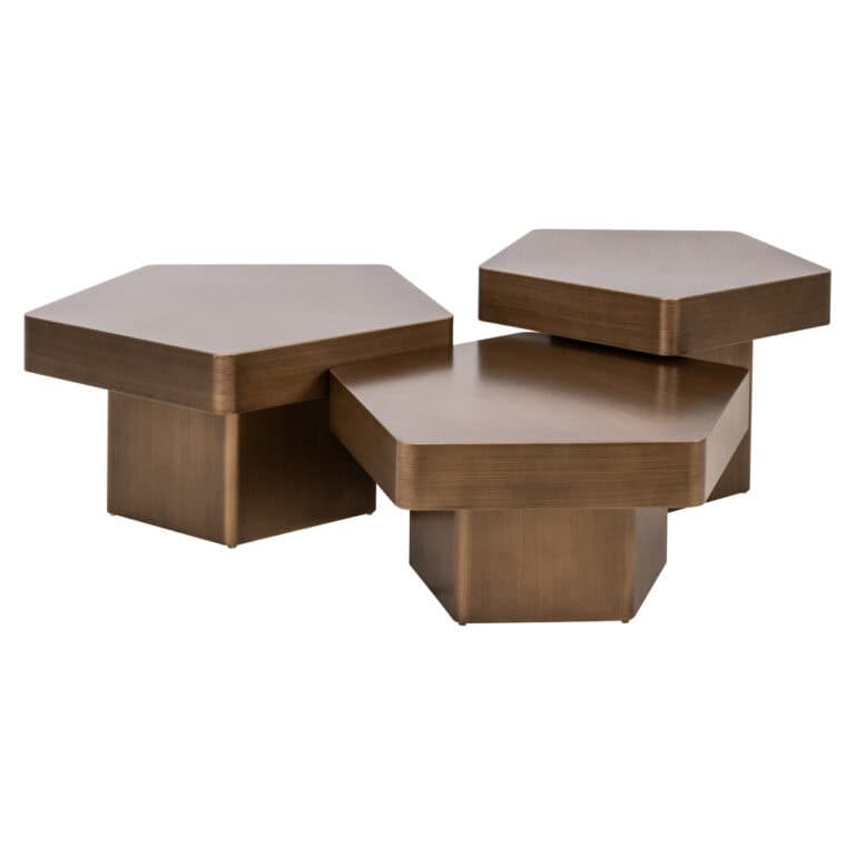 Set of three hexagonal coffee tables withgold  brushed gold .