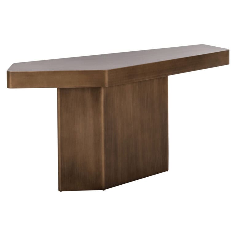 Houten console met een brushed gold afwerking, modern design voor interieur.