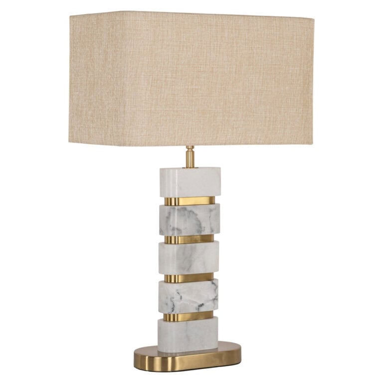 Moderne tafellamp met marmer en goud details voor elegant interieur.