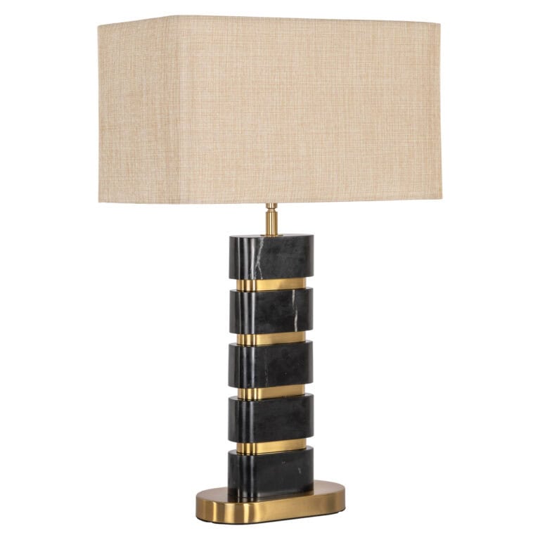 Moderne tafellamp Levina met zwart marmer en gouden details.
