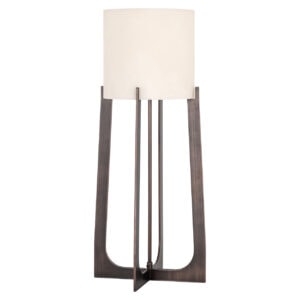 Moderne Tischlampe „Loura“ mit bronzefarbener Oberfläche und weißem Lampenschirm.