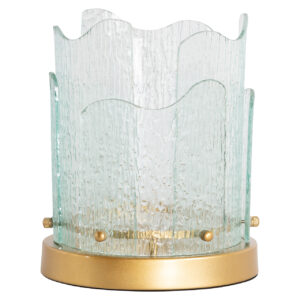 Goudkleurig windlicht Danila met glazen wanden en decoratieve details.