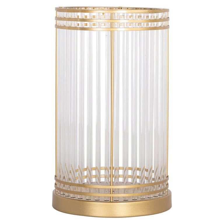 Gold-colored " Hurricane light " Dyara with glass accents and a round base.