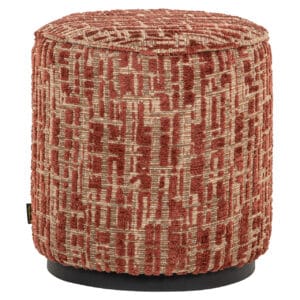 Pouf rond avec un motif géométrique de couleur terra, idéal pour le salon.