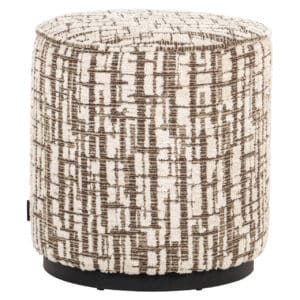Ronde poef en voetenbank in cream met geometrisch patroon.