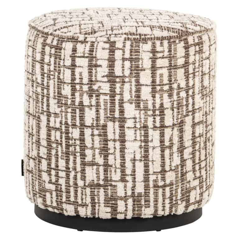 Runder Hocker und Fußschemel in Creme mit geometrischem Muster.