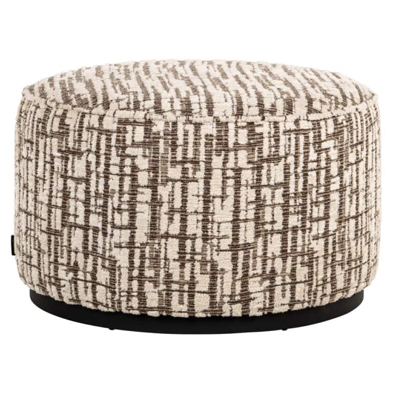 Ronde cream kleurige poef met abstract patroon voor woonkamer.