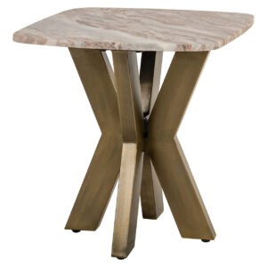 Moderne bijzettafel met marmeren blad en gouden onderstel.