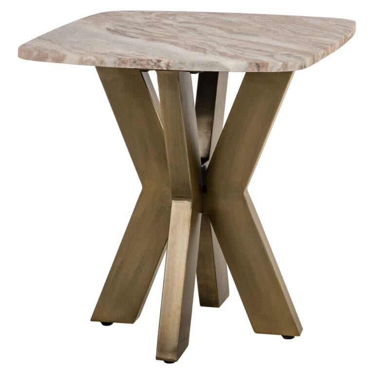 Modern side table with a marble top and a gold base.