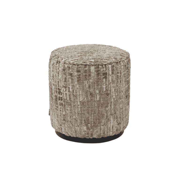 Runder Hocker aus greigefarbenem Stoff mit schwarzem Gestell, modernes Design.