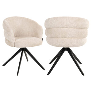 Moderne beige eetkamerstoel met draaibaar ontwerp en zwart onderstel.