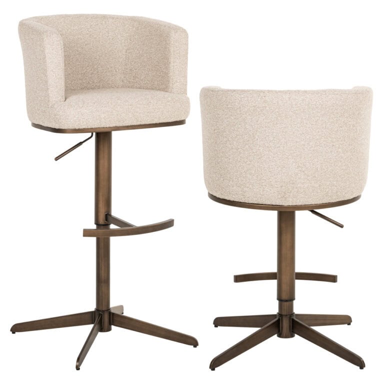 Cheyenne Biscotti swivel bar stool with a wooden base and soft upholstery.