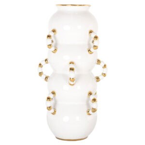 Weiße Vase mit goldenen Details, modernes Design, Innendekoration.