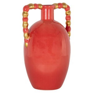 Orange vase with a gold and red beaded handle, modern design.