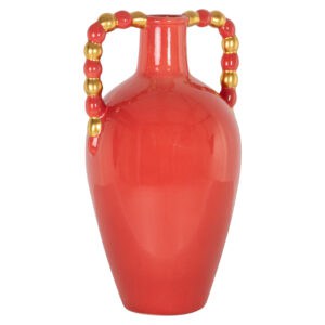 Orangefarbene Vase mit goldenem und rotem Perlenhenkel, modernes Design.