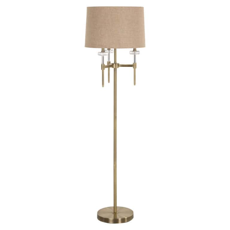 Élégant lampadaire Josie en brushed gold  avec abat-jour beige.