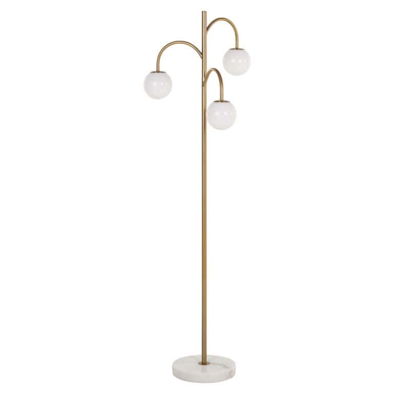 Lampadaire moderne Janou avec finition dorée et boules en verre blanc.