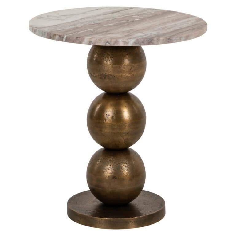 Side table with a marble top and gold ball-shaped legs, elegant design.