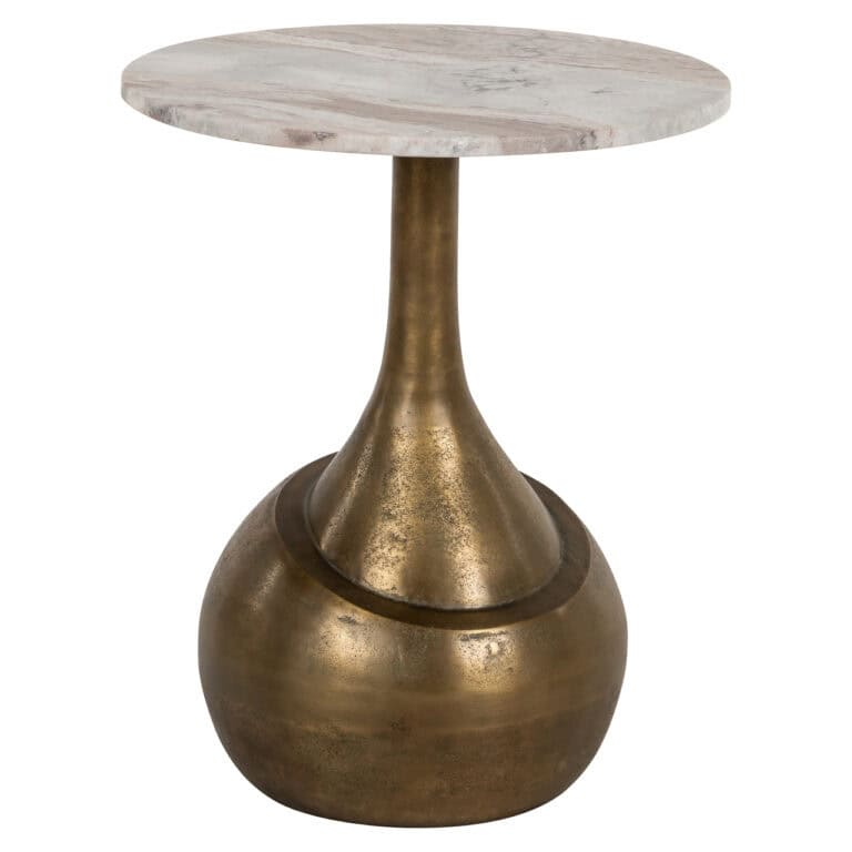 Side table with a marble top and gold base, elegant design.