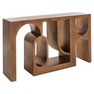 Modern console table by brushed , gold, with unique geometric shapes.